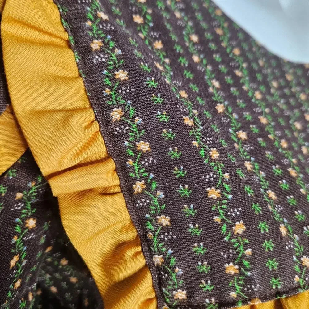 VTG Handmade Floral Striped Square Dancing Dress with Yellow Ruffle Trim - Picture 6 of 7